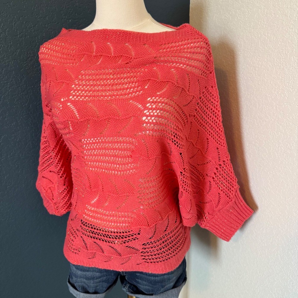 Boho Shimmer Pointelle Yenny Collection Batwing Sweater OS Coral Gold